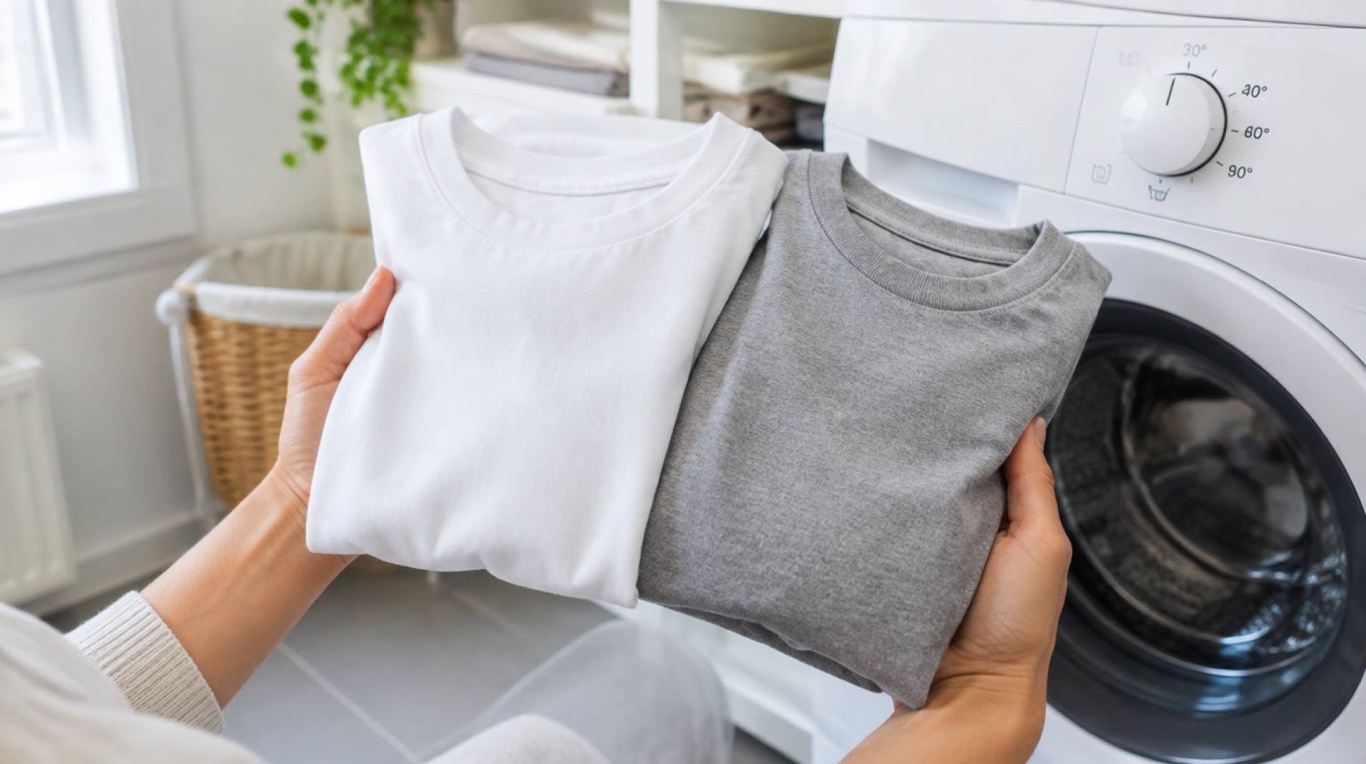 Twee handen houden naast elkaar een wit en een grijs gevouwen t-shirt vast, bij een voorlader-wasmachine met een temperatuurknop