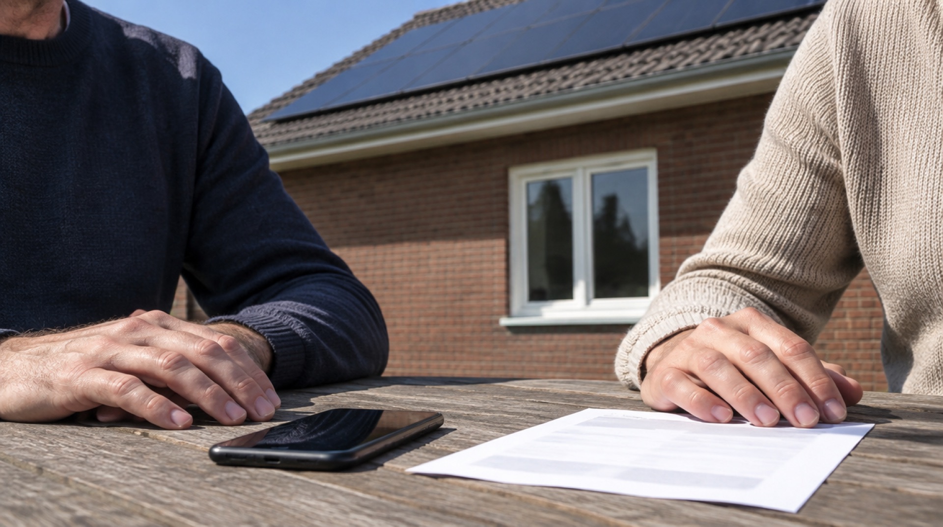 Twee handen rusten op een houten buitentafel met een telefoon en een afgedrukte nota, met een bakstenen huis en zonnepanelen op het dak erachter.