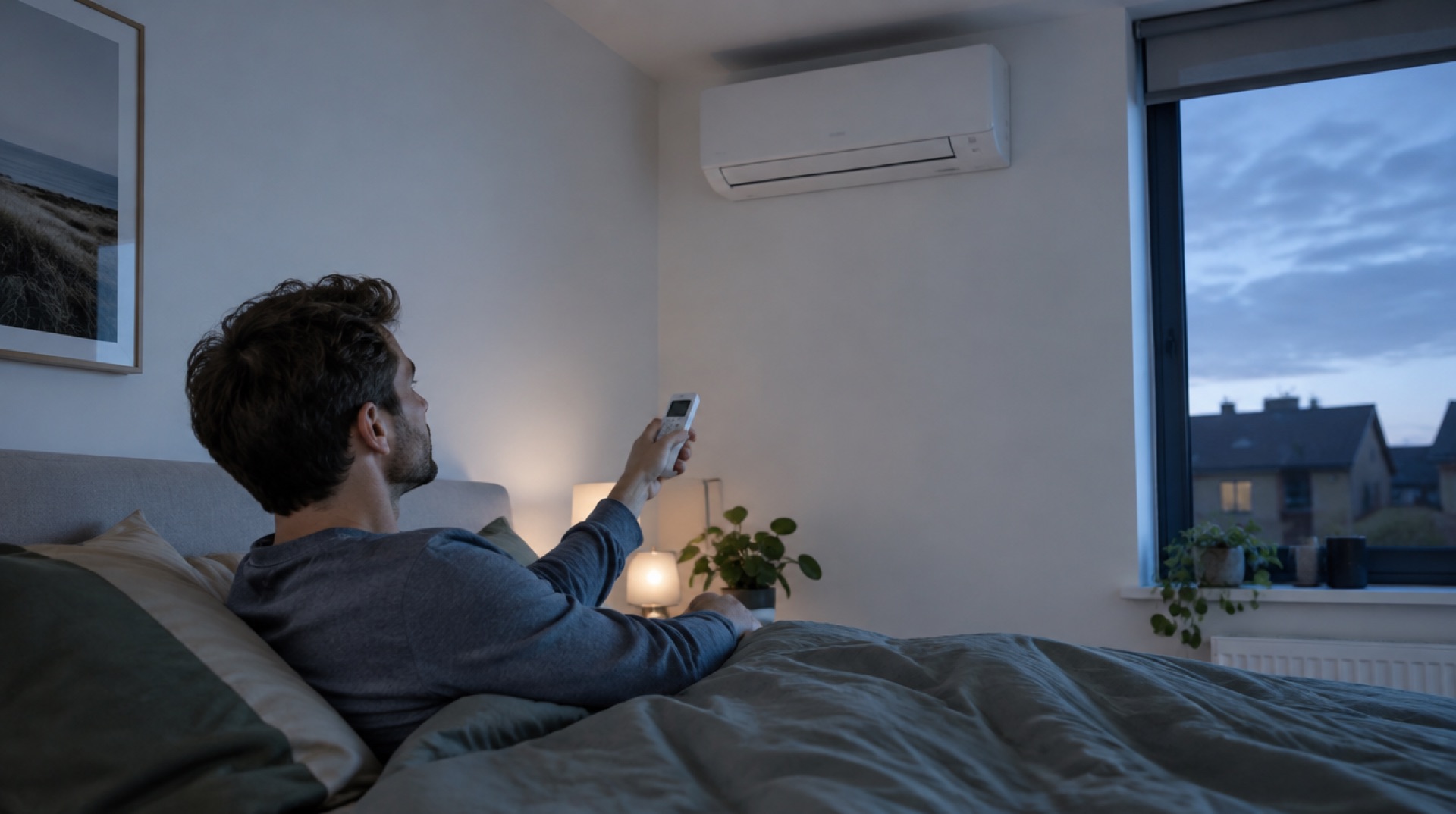 Man op bed bedient met een afstandsbediening de airco aan de muur