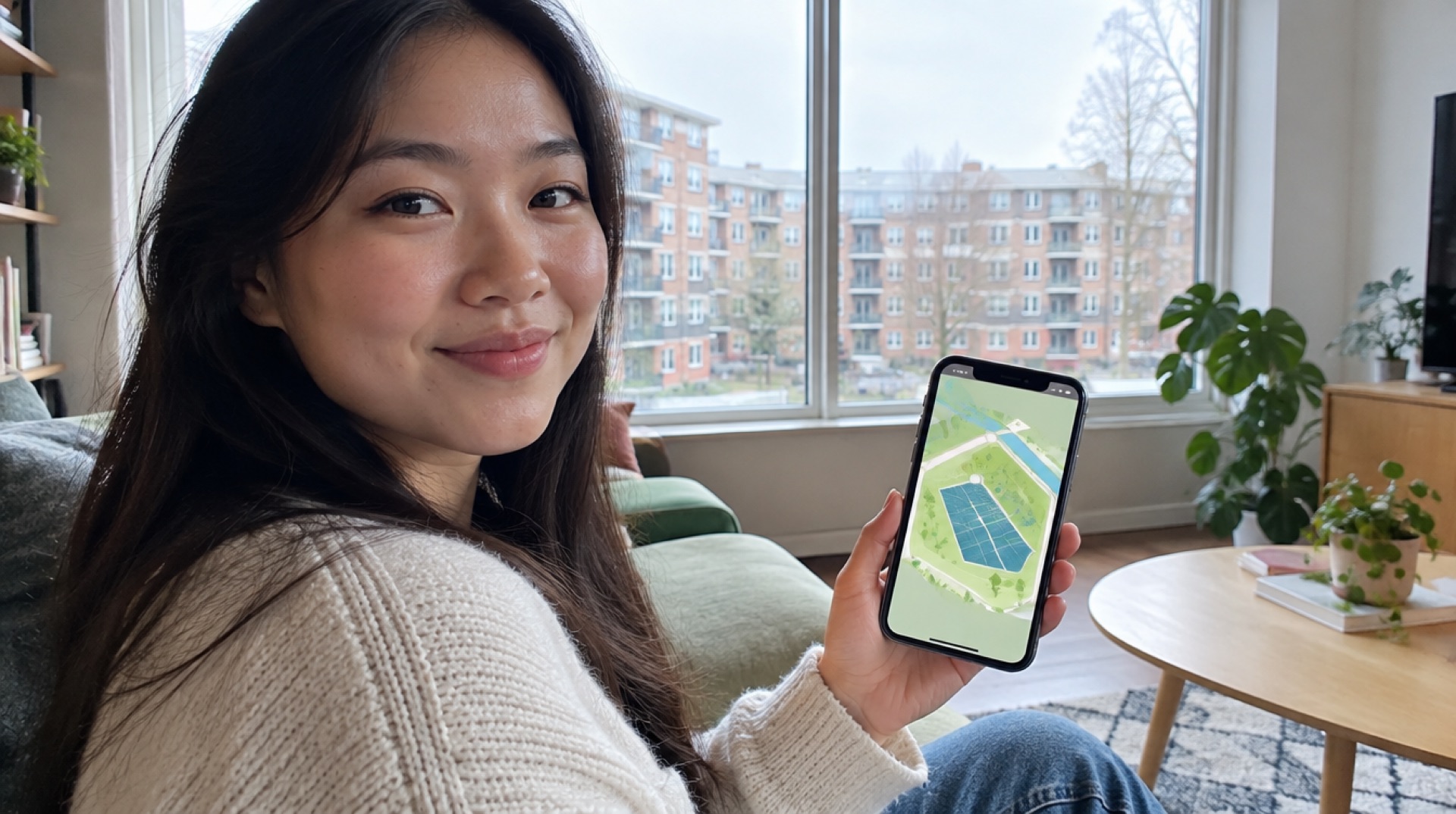 Vrouw in een appartement kijkt in een app naar een gedeeld zonneveld