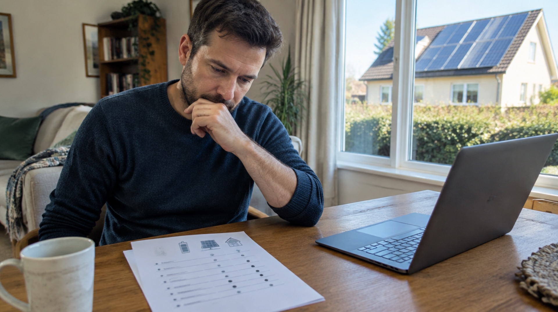 Man kijkt peinzend naar een lijst met pictogrammen van batterij, zonnepaneel en huis naast een laptop, met door het raam zonnepanelen op een dak