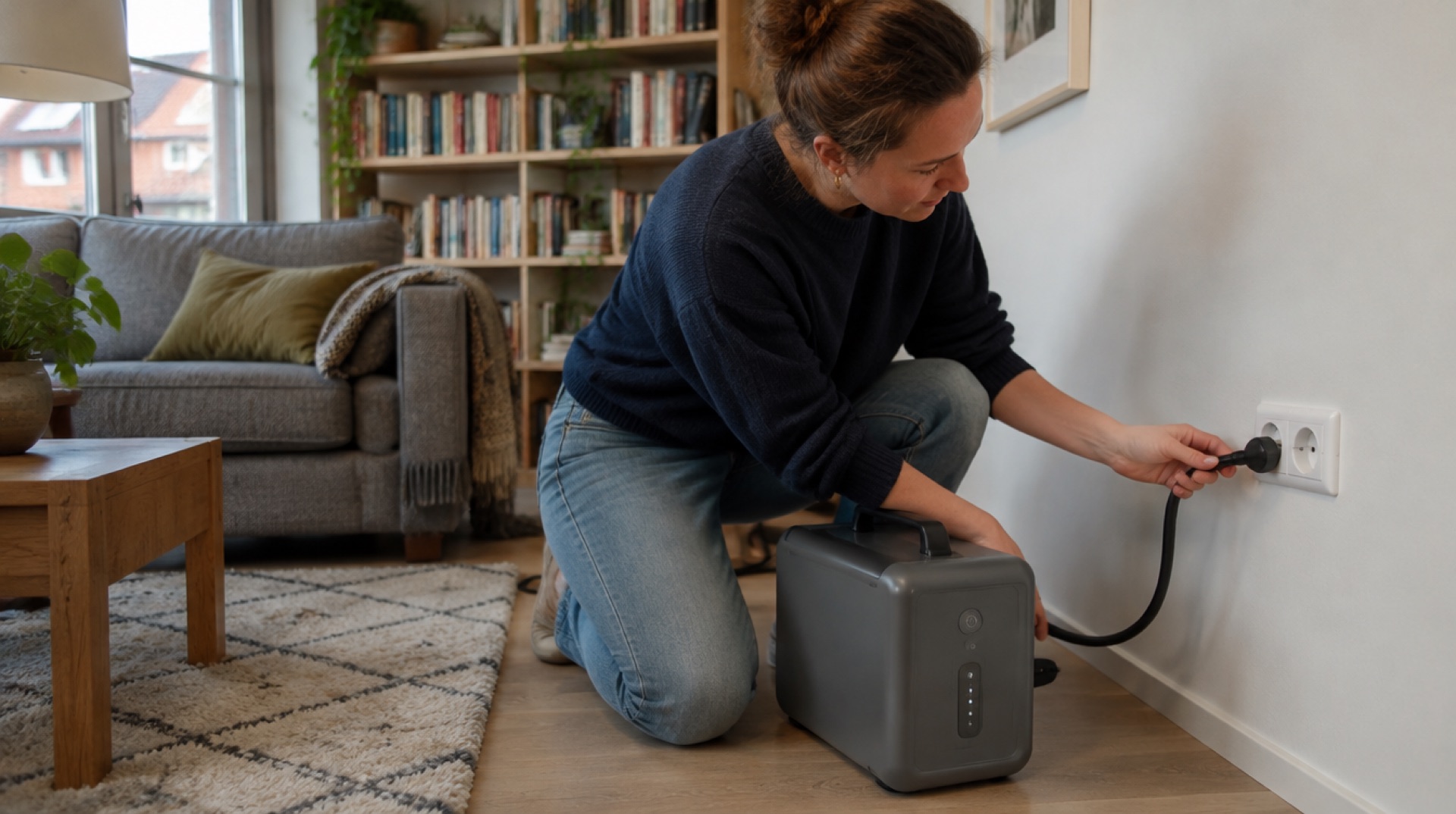 Vrouw knielt in een woonkamer en steekt de stekker van een compacte grijze batterij in een wandcontactdoos, met een bank en een boekenkast op de achtergrond