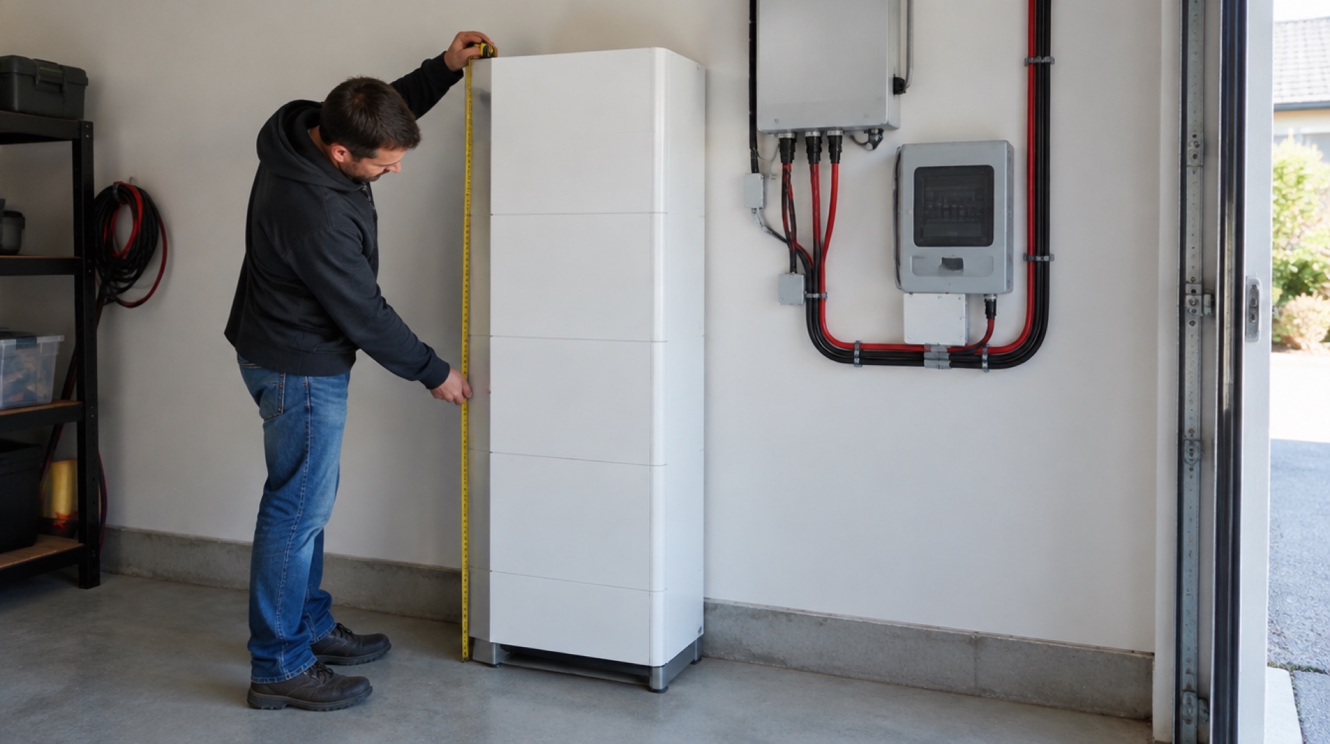 Man meet met een rolmaat de hoogte van een grote witte staande thuisbatterij in een garage