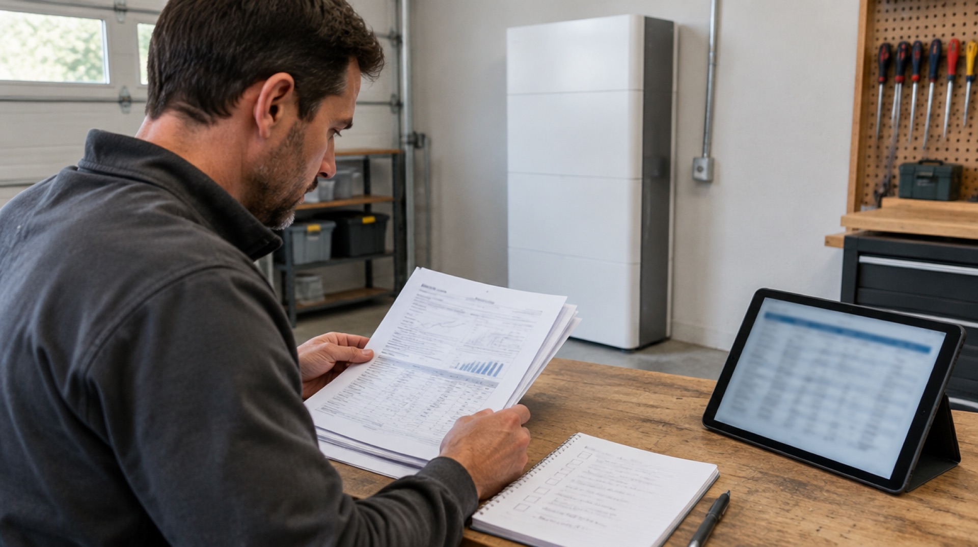 Man leest in een garage een stapel uitgeprinte testrapporten naast een notitieboek met een afvinklijst en een tablet, met een hoge witte thuisbatterij tegen de muur achter hem