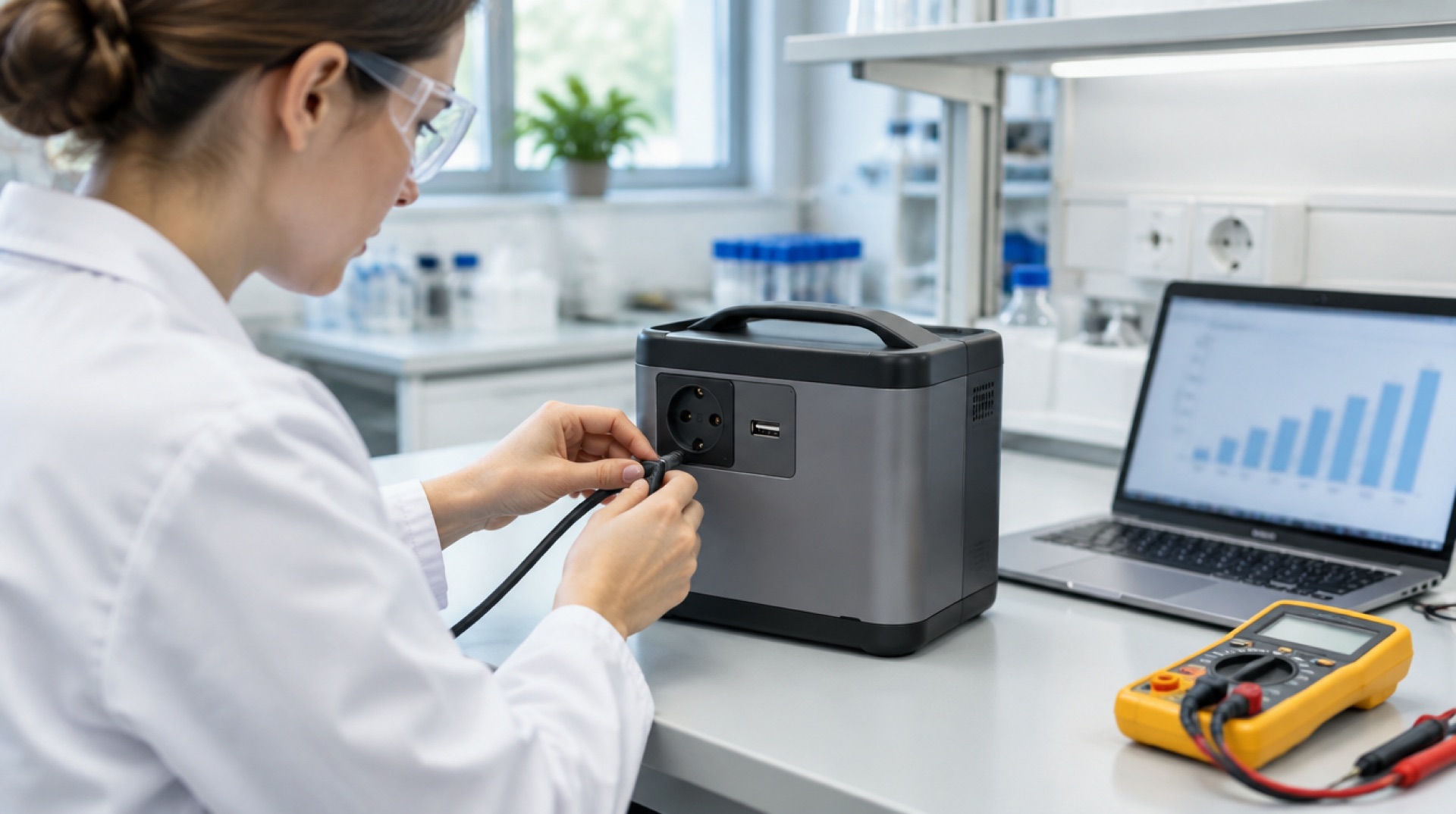 Onderzoekster in laboratoriumjas en veiligheidsbril sluit een kabel aan op een compacte batterij, naast een laptop met een staafdiagram en een multimeter