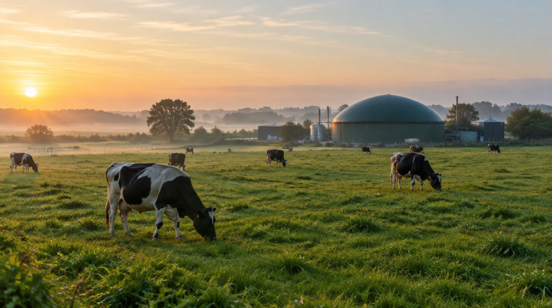 Grazende koeien op een groene weide in ochtendmist, met op de achtergrond een biogasinstallatie met een ronde koepel