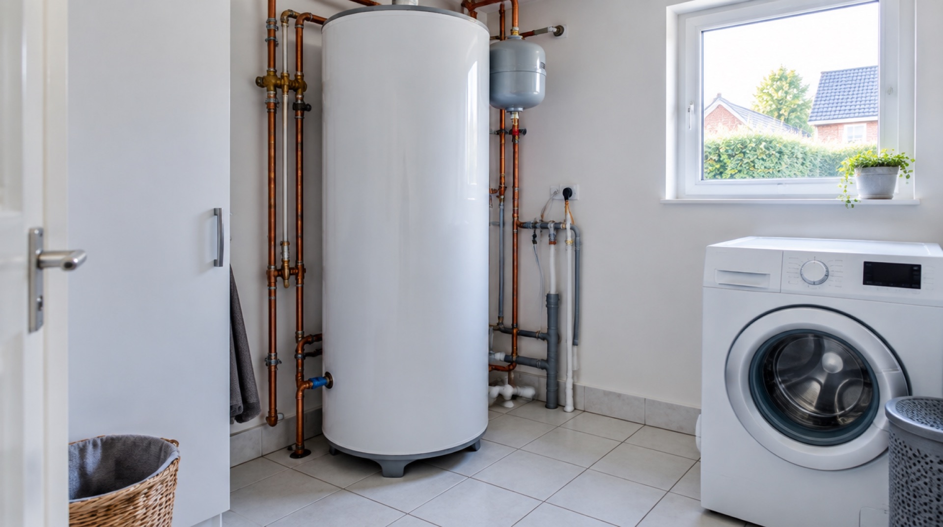 Wit voorraadvat met koperen leidingen in een lichte bijkeuken naast een wasmachine