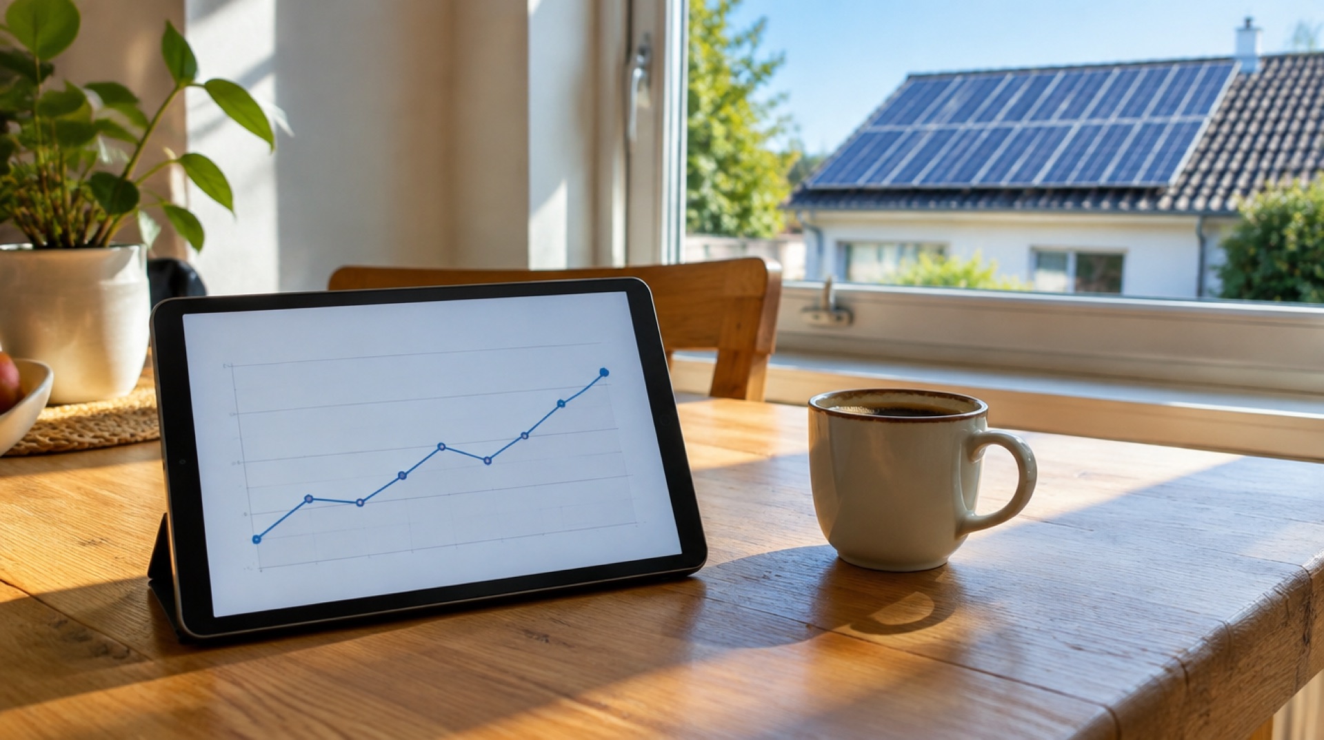 Een tablet met een lijngrafiek naast een kopje koffie op een keukentafel, door het raam een dak met zonnepanelen in zon