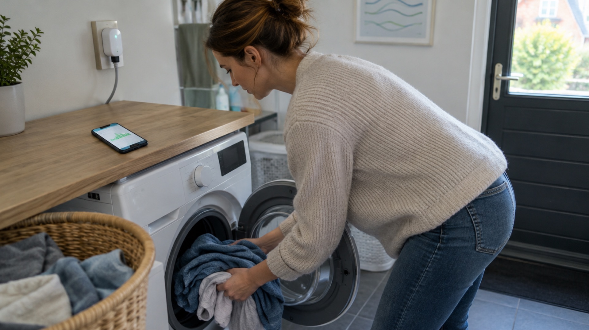 Vrouw doet de was met de wasmachine op een slimme stekker en een app met goedkope uren