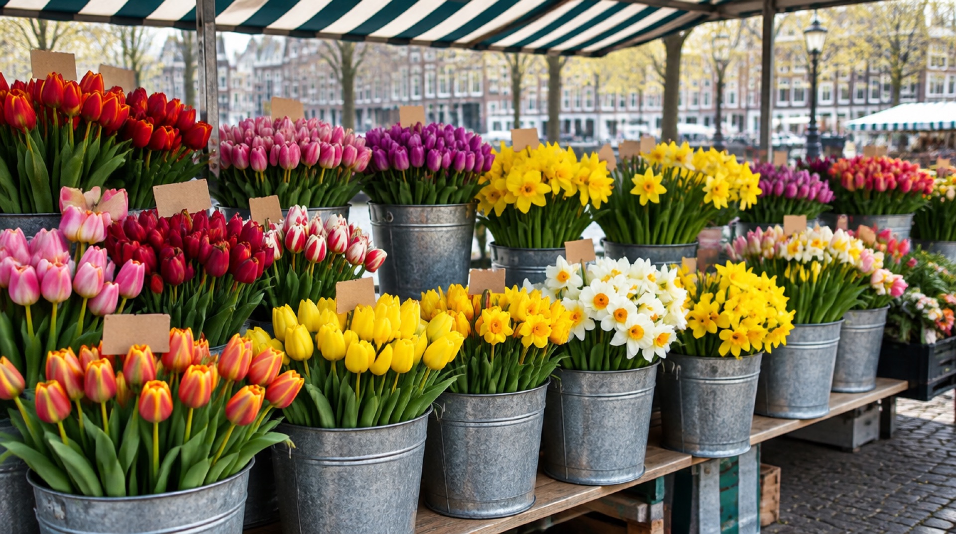 Bloemenkraam op een weekmarkt met emmers verse tulpen en narcissen in verschillende kleuren onder een gestreepte luifel