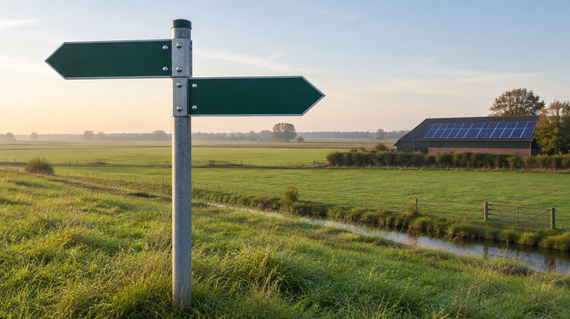 Fietsknooppuntbord op een dijk met twee richtingen, op de achtergrond een weiland en een schuurdak met zonnepanelen in ochtendlicht