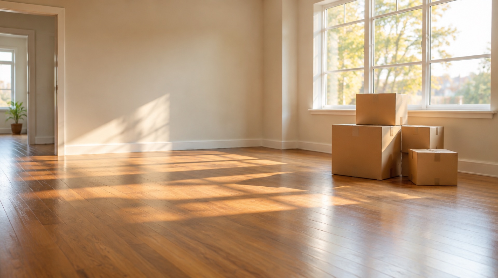 Verhuisdozen in een lege woonkamer met houten vloer en zonlicht dat door een groot raam naar binnen valt