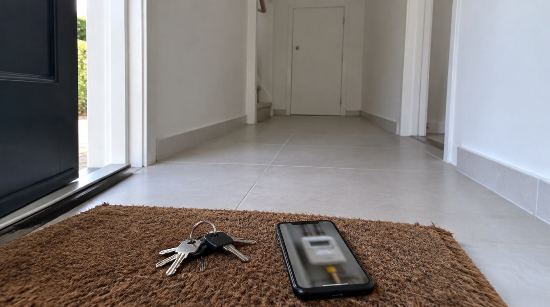 Sleutelbos en smartphone met een onscherpe foto van een slimme meter op een kokosmat net binnen de voordeur van een lege woninghal.