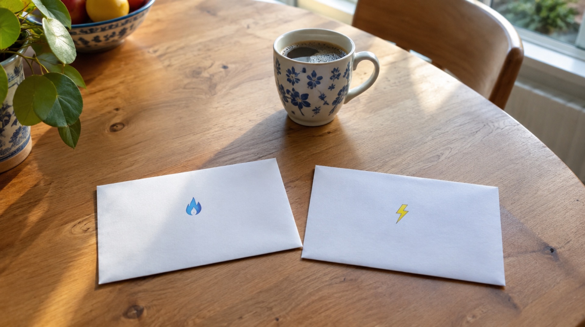 Twee losse brieven van een stroom- en een gascontract op een keukentafel