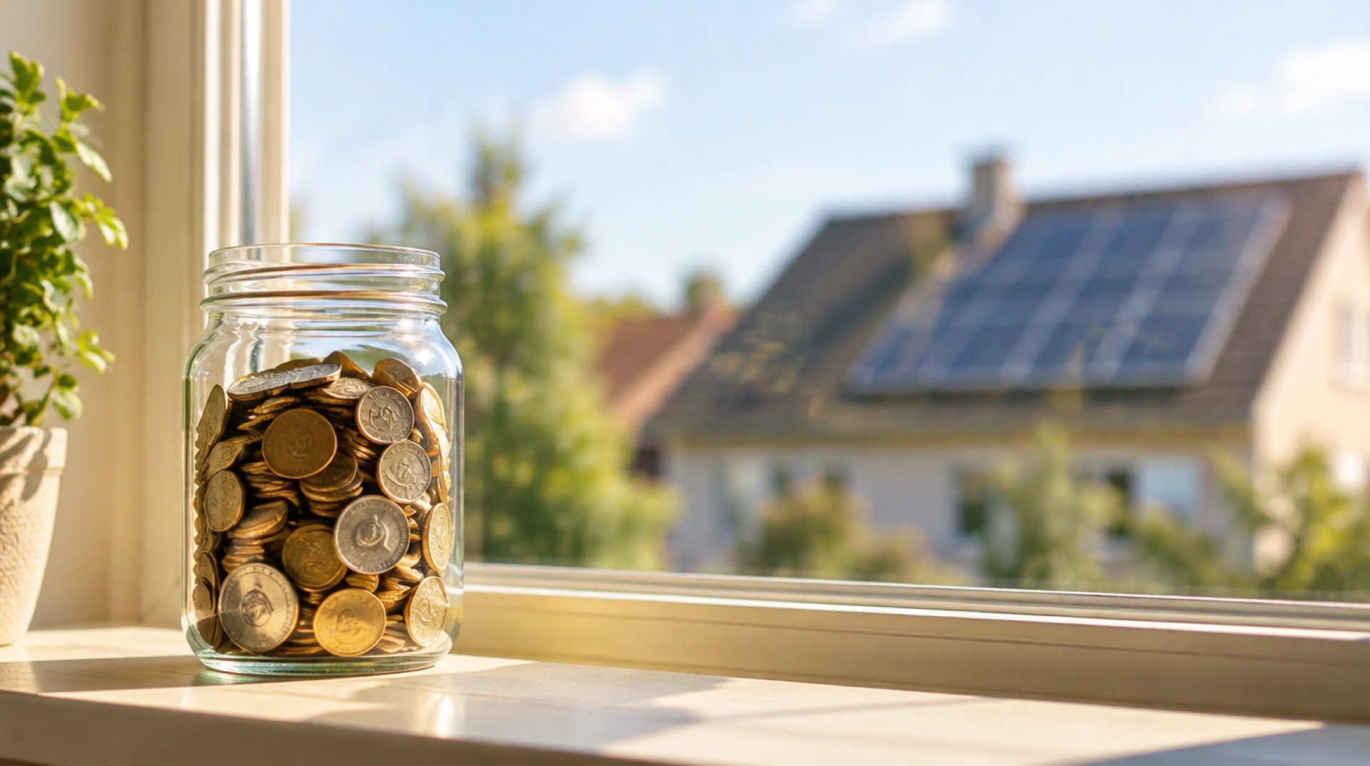 Glazen pot met muntgeld op een zonnige vensterbank, door het raam een dak met zonnepanelen