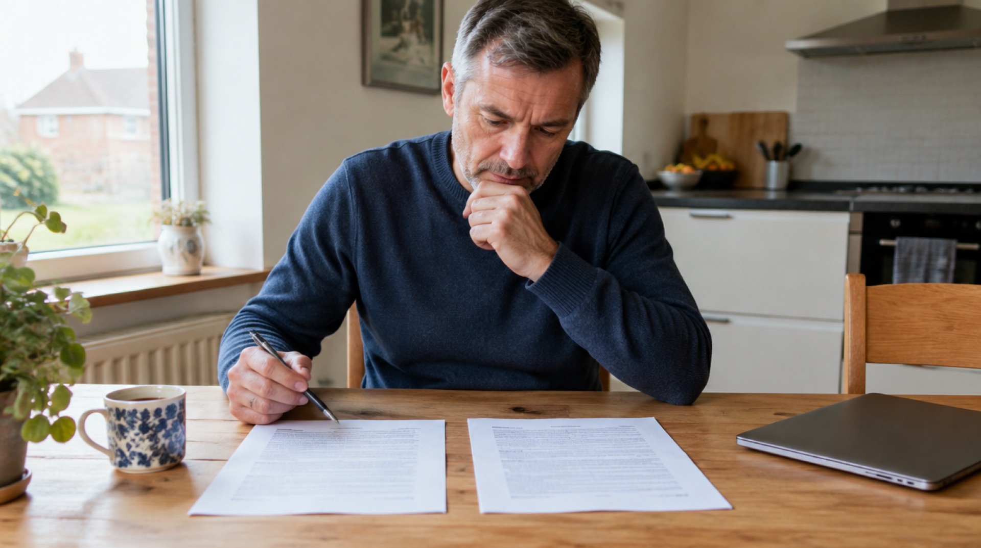 Man vergelijkt twee papieren contracten aan de keukentafel met pen en koffie