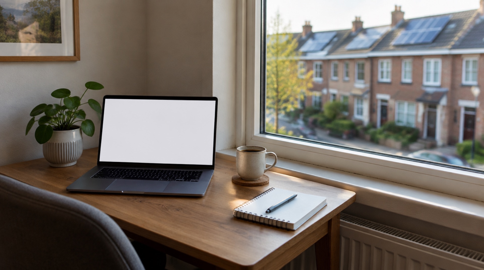 Een klein houten bureau in een woonkamerhoek met een open laptop, een kop koffie, een plantje en een notitieblok, met door het raam een straat met rijtjeshuizen met zonnepanelen.