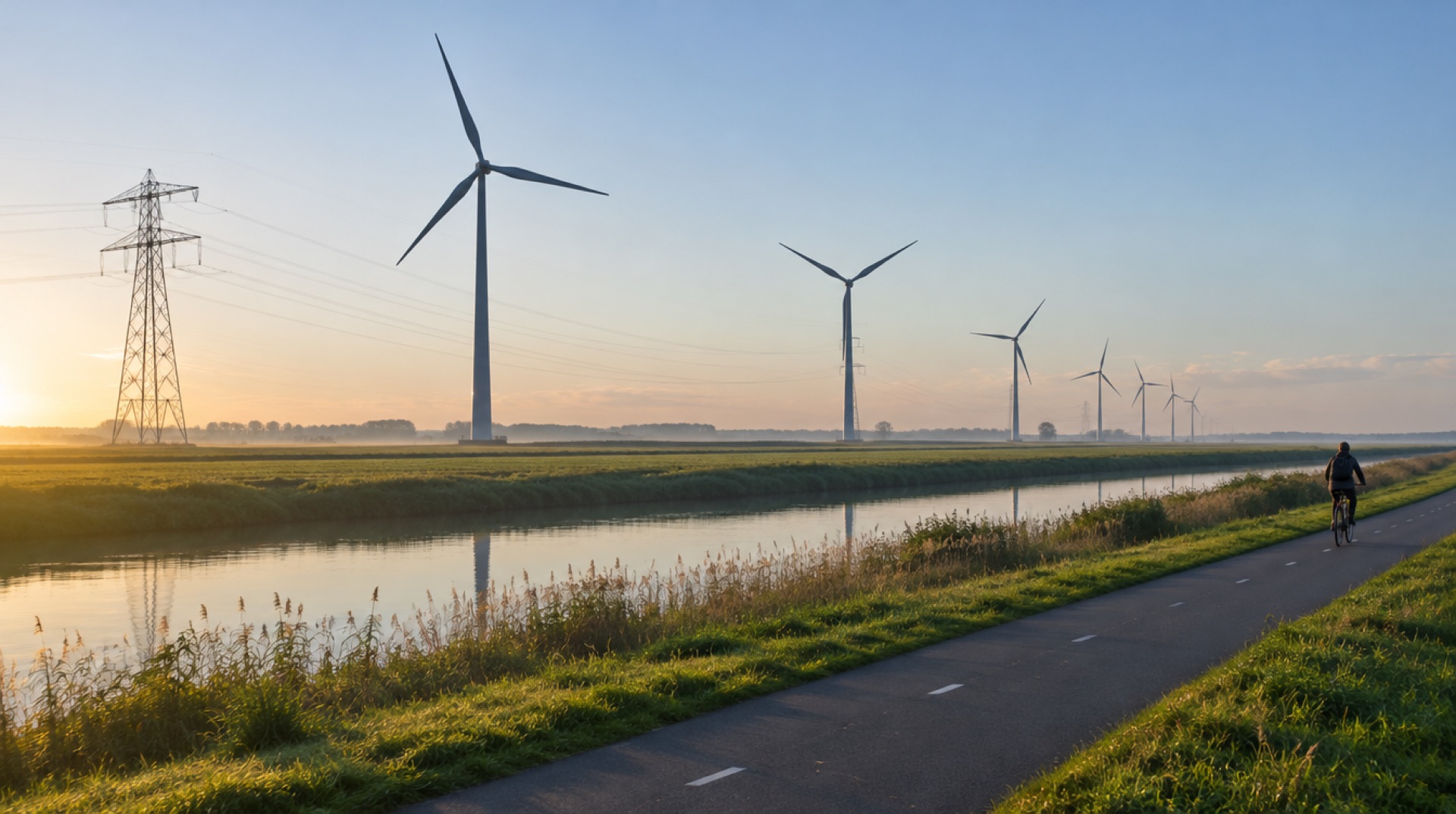 Rij windturbines en een hoogspanningsmast in een weids poldergebied bij ochtendlicht, met op de voorgrond een fietspad en een passerende fietser
