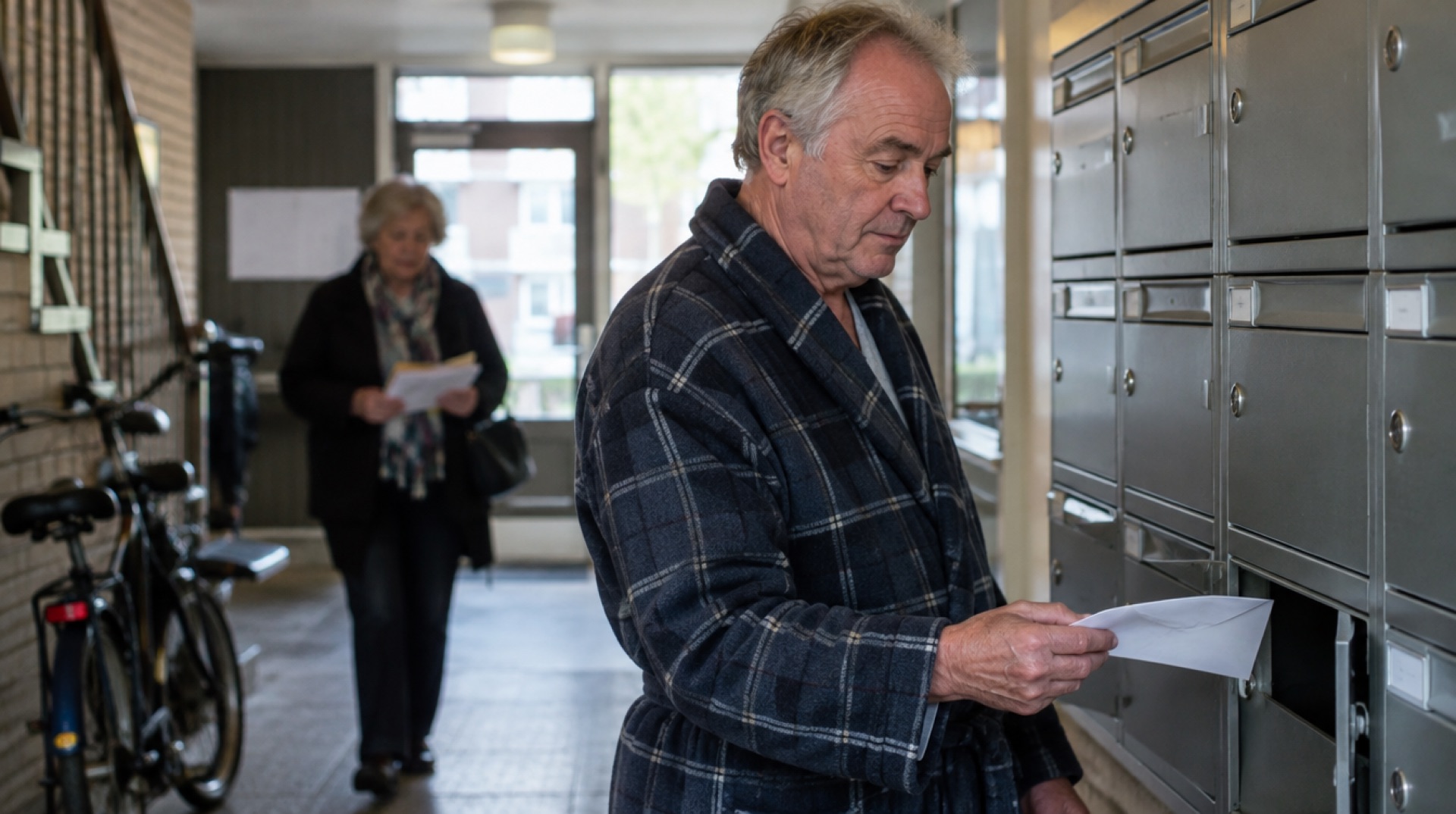 Man in huisjas haalt in een portiek een dichte envelop uit zijn brievenbus, een buurvrouw met post op de achtergrond