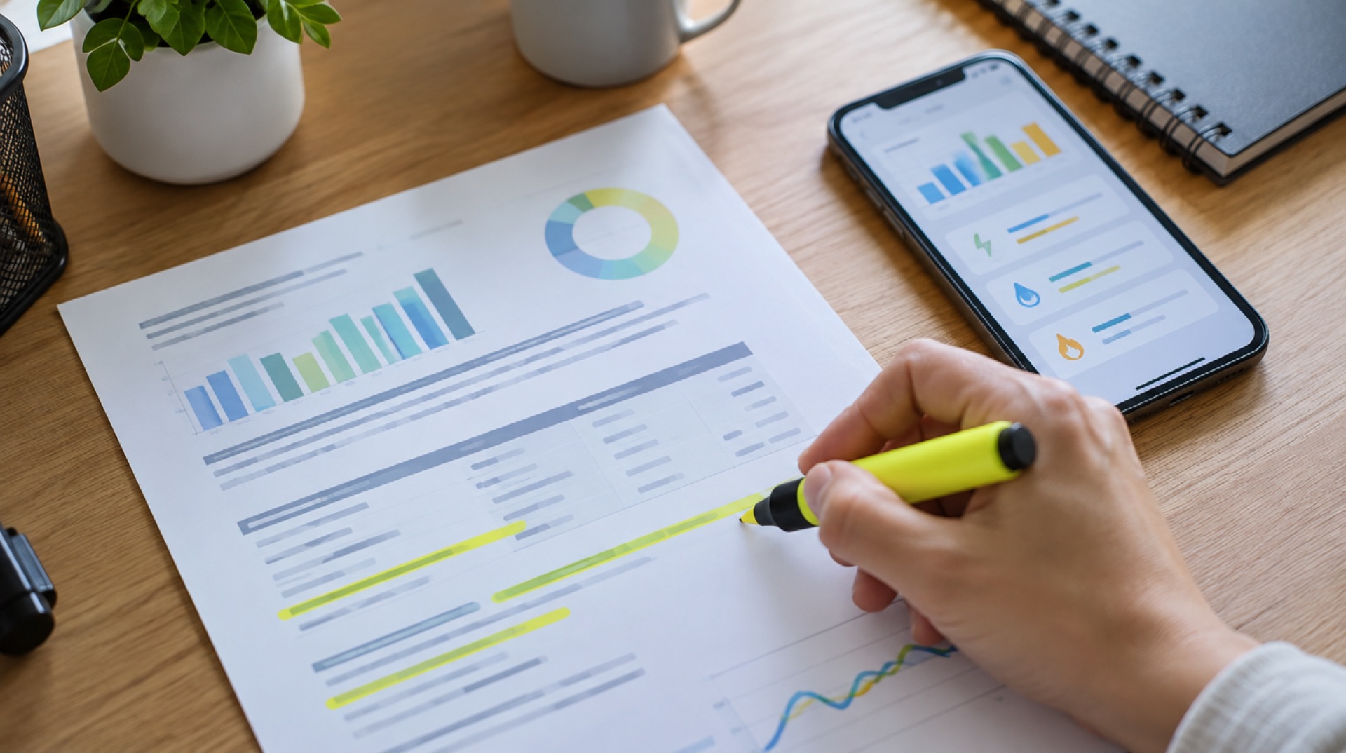 Jaarafrekening met gemarkeerde regels, een markeerstift en een telefoon met meterstanden