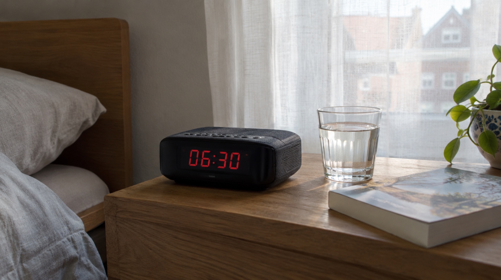Digitale wekkerradio op een nachtkastje met 06:30 in het ochtendlicht door een dun gordijn