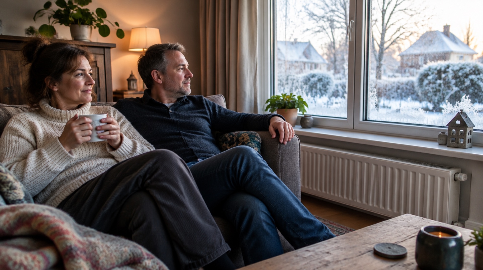 Stel zit met koffie op de bank in een warme woonkamer, met een radiator onder het raam en een besneeuwde tuin buiten