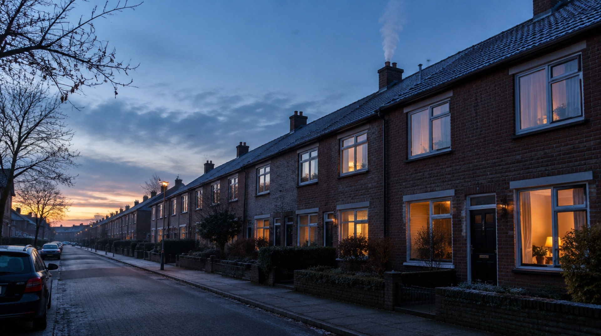 Een straat met bakstenen rijtjeswoningen in de vroege winterochtend, verlichte ramen en een dun pluimpje damp uit een schoorsteen