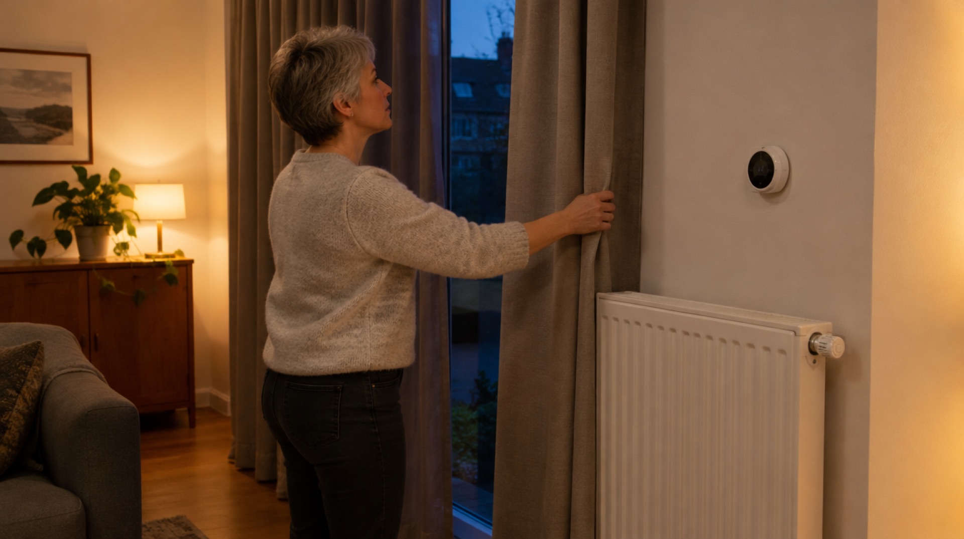 Vrouw doet 's avonds in de woonkamer de gordijnen dicht naast een radiator, met een thermostaat op de muur en warm lamplicht