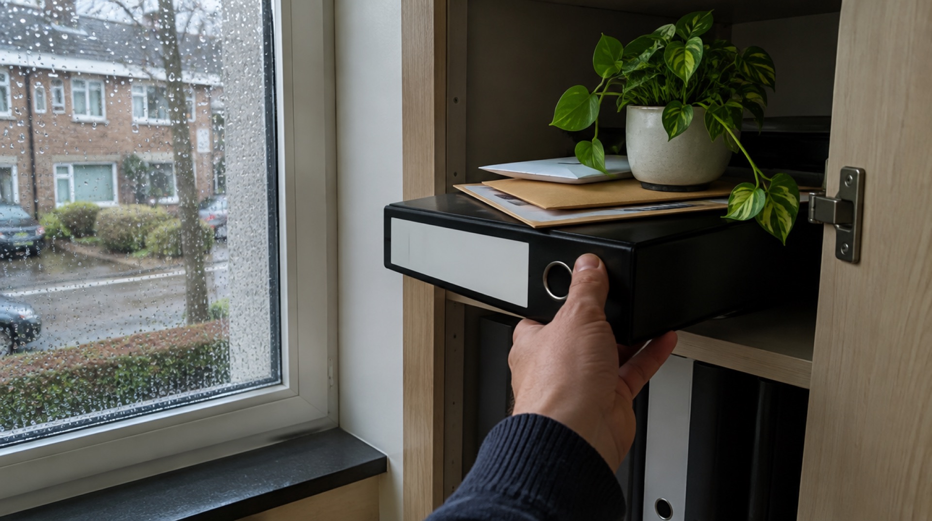 Hand trekt een zwarte ordner met leeg etiket uit een open kastje, met enveloppen en een plantje erbovenop en regen op het raam