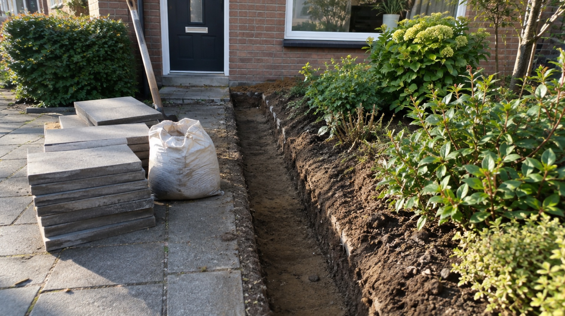 Smalle sleuf in een voortuin met opzij gestapelde stoeptegels