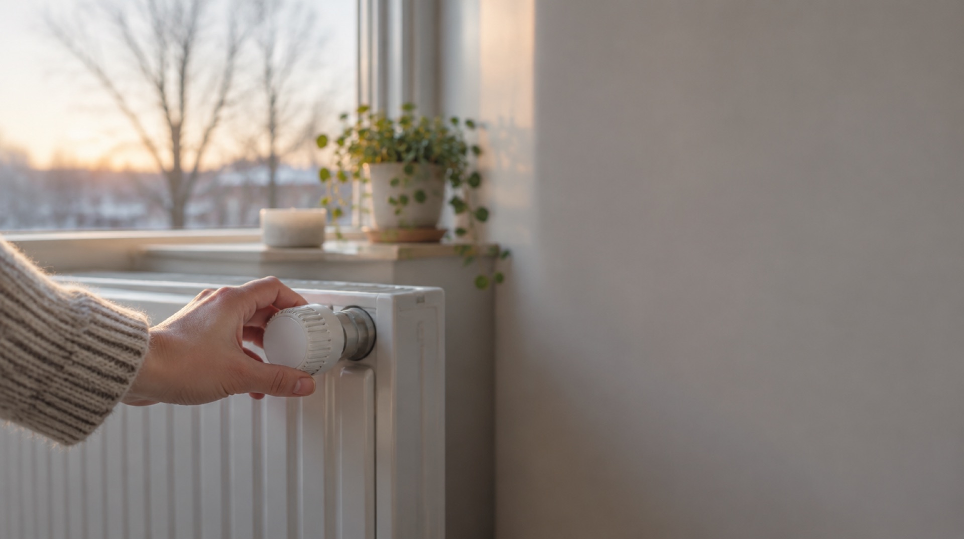 Een hand draait aan de knop van een thermostaatkraan op een witte radiator, voor een raam met winterlicht en een plantje