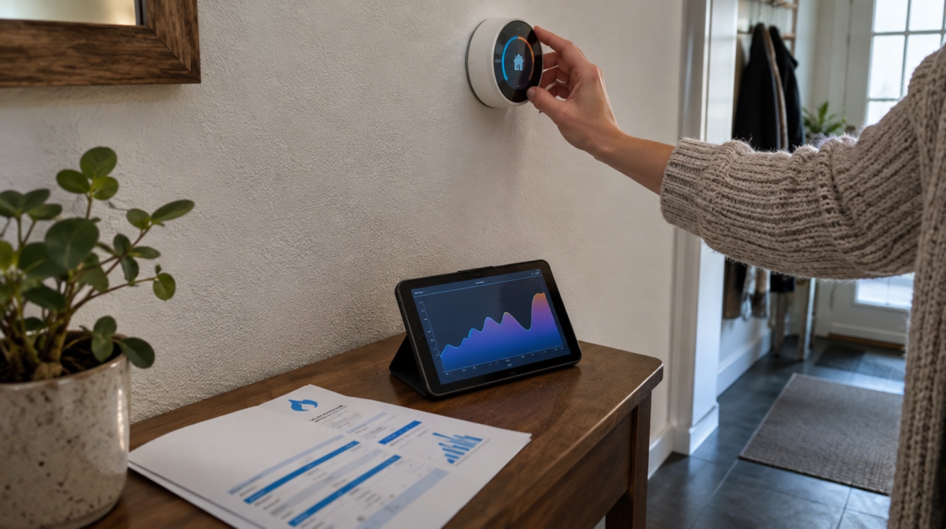 Hand op een thermostaat, met een gasrekening en een tablet met een prijsgrafiek