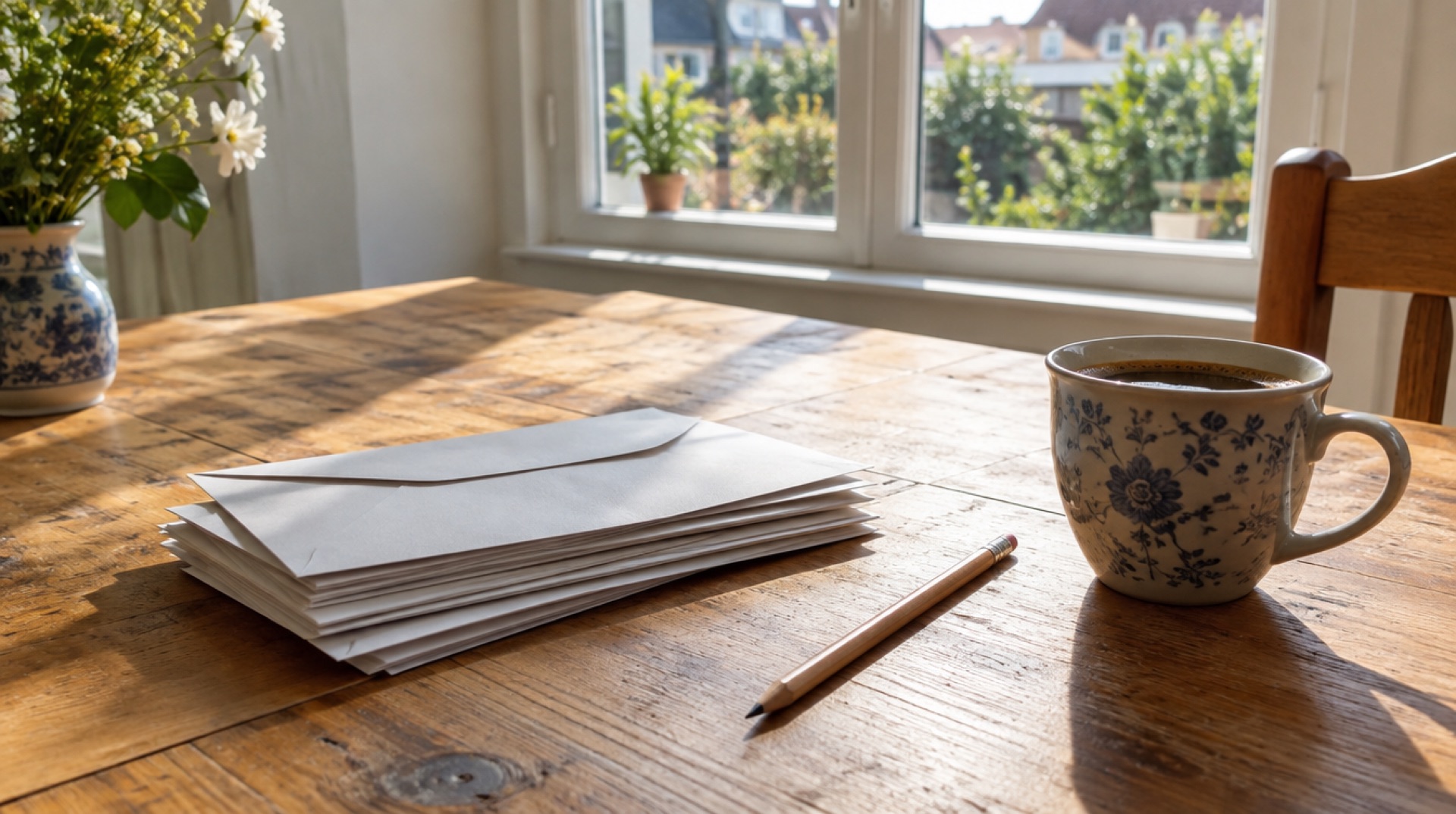 Stapel brieven en een potlood op een keukentafel in ochtendlicht