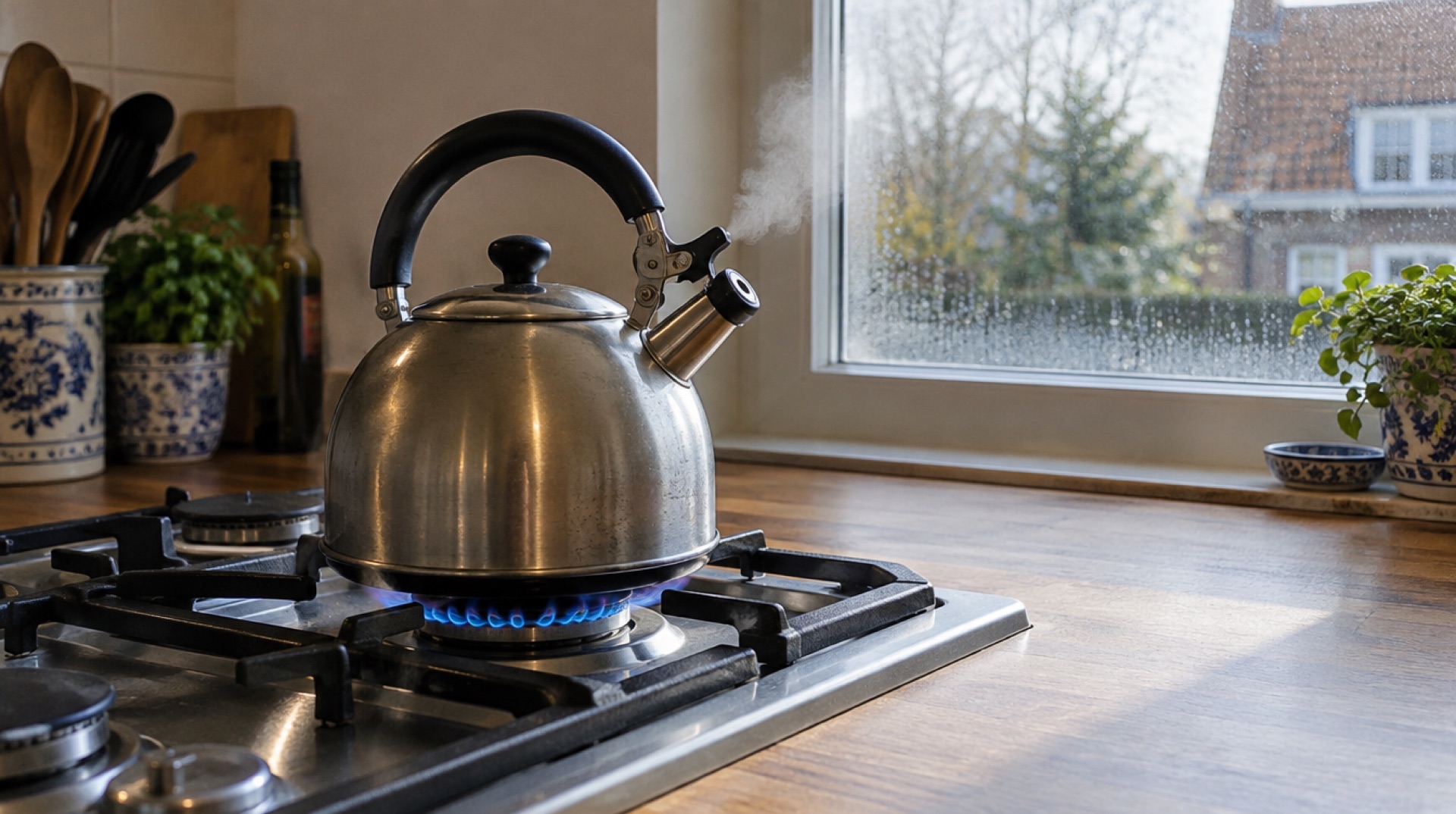 Blauwe gasvlam onder een fluitketel op een houten aanrecht in het ochtendlicht