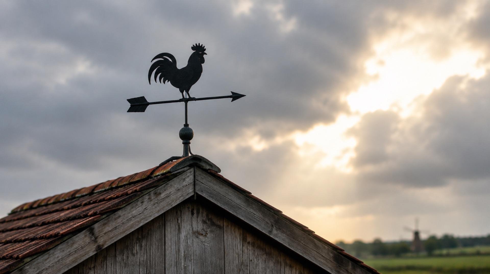 Zwarte windhaan op de nok van een houten schuur tegen een wolkenlucht met een open plek van zonlicht