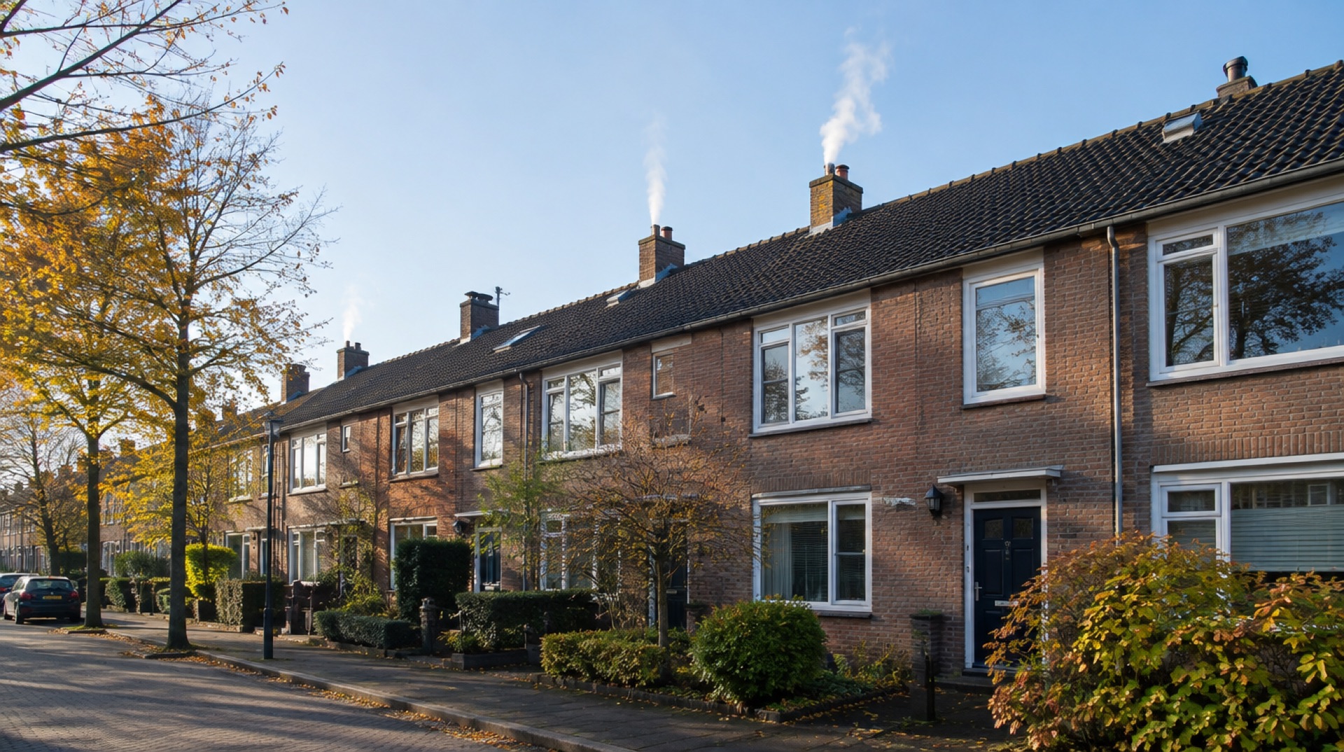 Rij rijtjeswoningen in een Nederlandse straat op een heldere najaarsmiddag, met dunne damp uit drie schoorstenen op de daken
