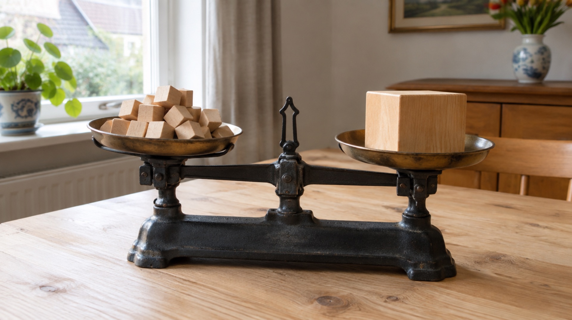 Gietijzeren weegschaal op een lichte houten tafel, links veel kleine houten blokjes en rechts één groot houten blok