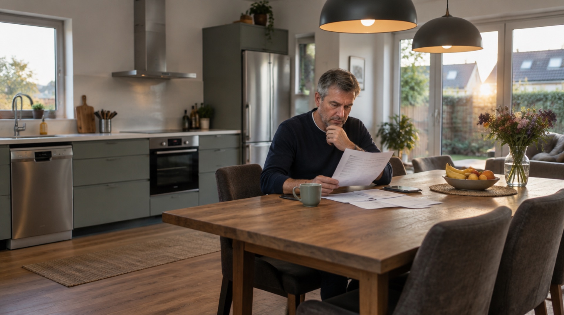 Man leest aan de eettafel zijn energierekening in een open keuken met vaatwasser, oven en koelkast