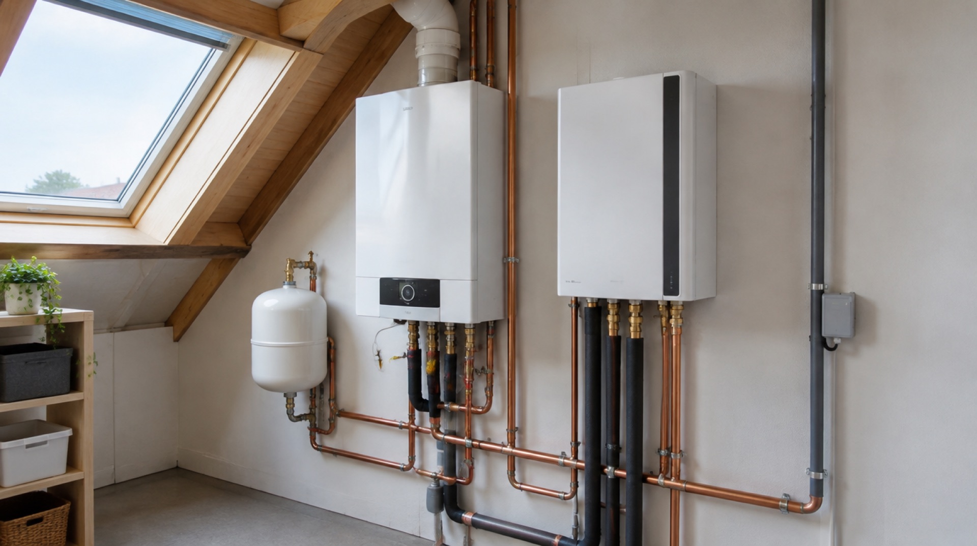 Witte cv-ketel en een binnendeel van een warmtepomp naast elkaar aan de muur op een zolder, met koperen leidingen en een expansievat