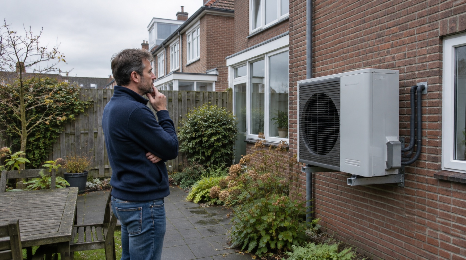 Man staat nadenkend in de achtertuin van een bakstenen rijtjeshuis en kijkt naar de buitenunit van een warmtepomp aan de gevel