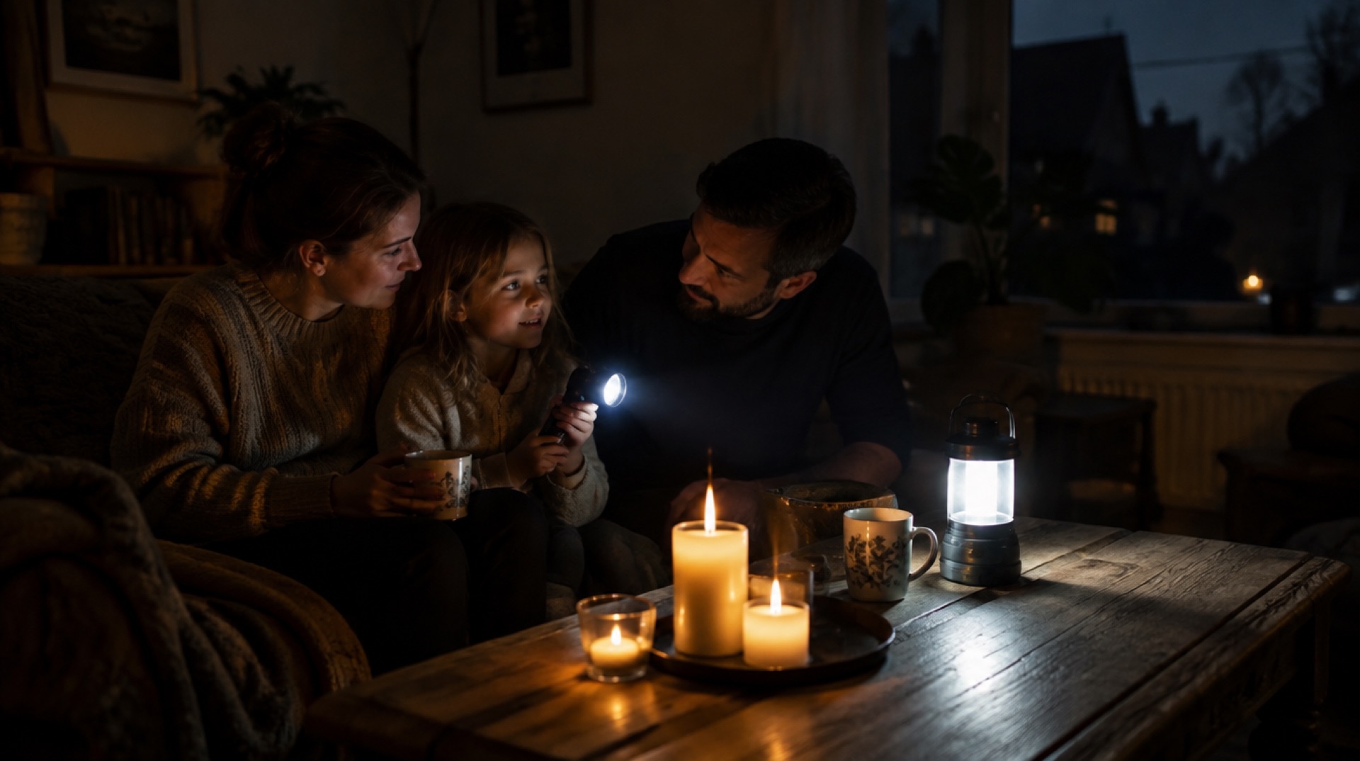 Gezin zit bij kaarslicht, een lantaarn en een zaklamp in een donkere woonkamer