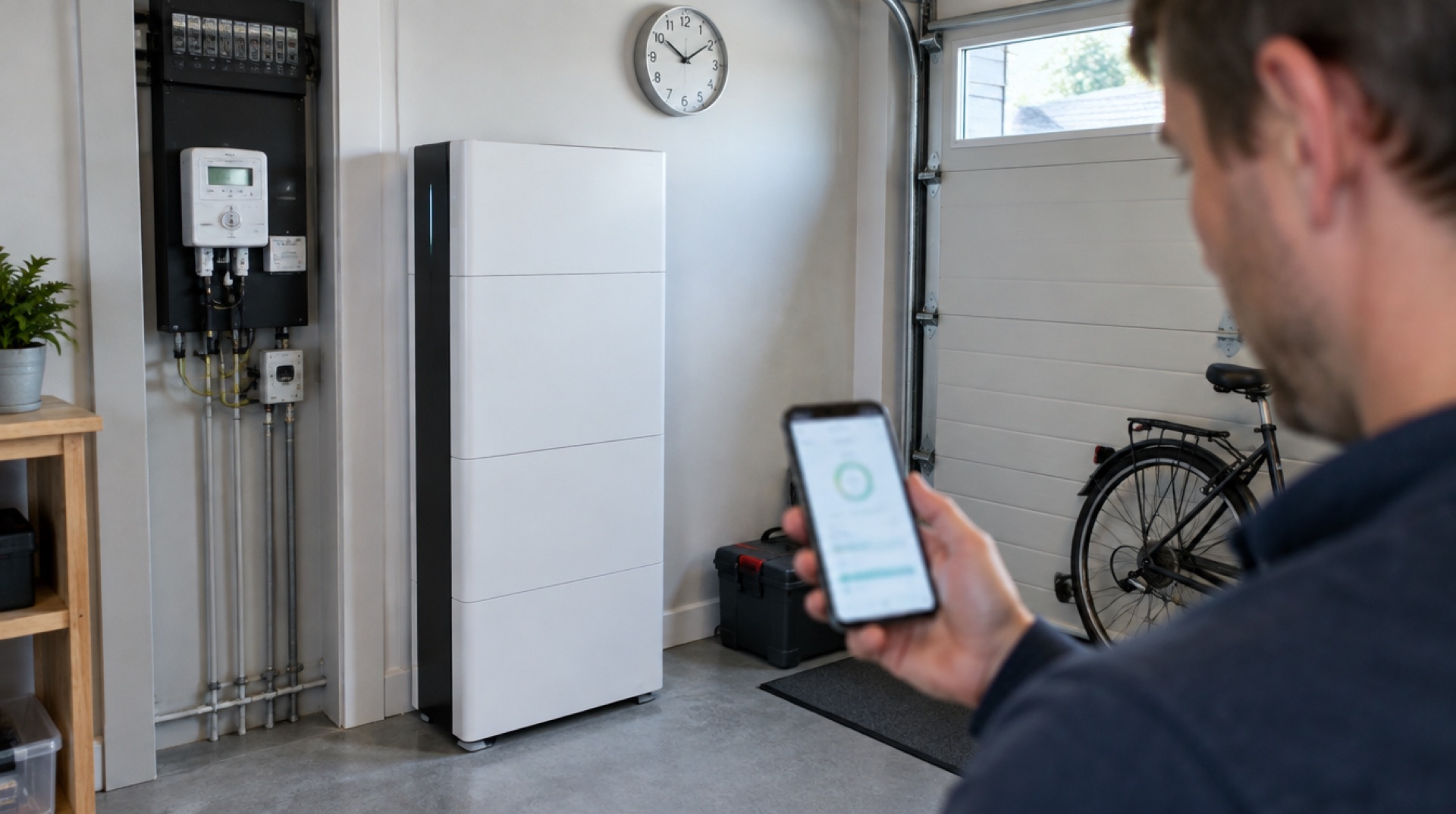 Man bekijkt in een garage een app op zijn telefoon bij een hoge witte thuisbatterij naast een meterkast met slimme meter, met een wandklok erboven