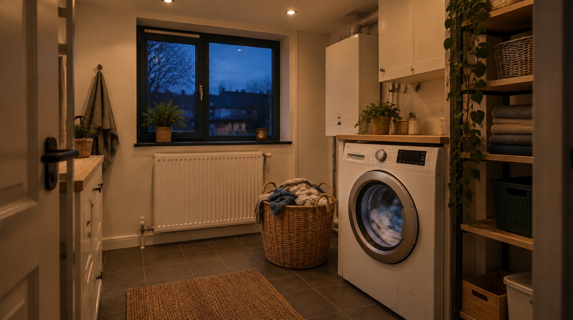 Avond in bijkeuken met draaiende wasmachine en warme verlichting