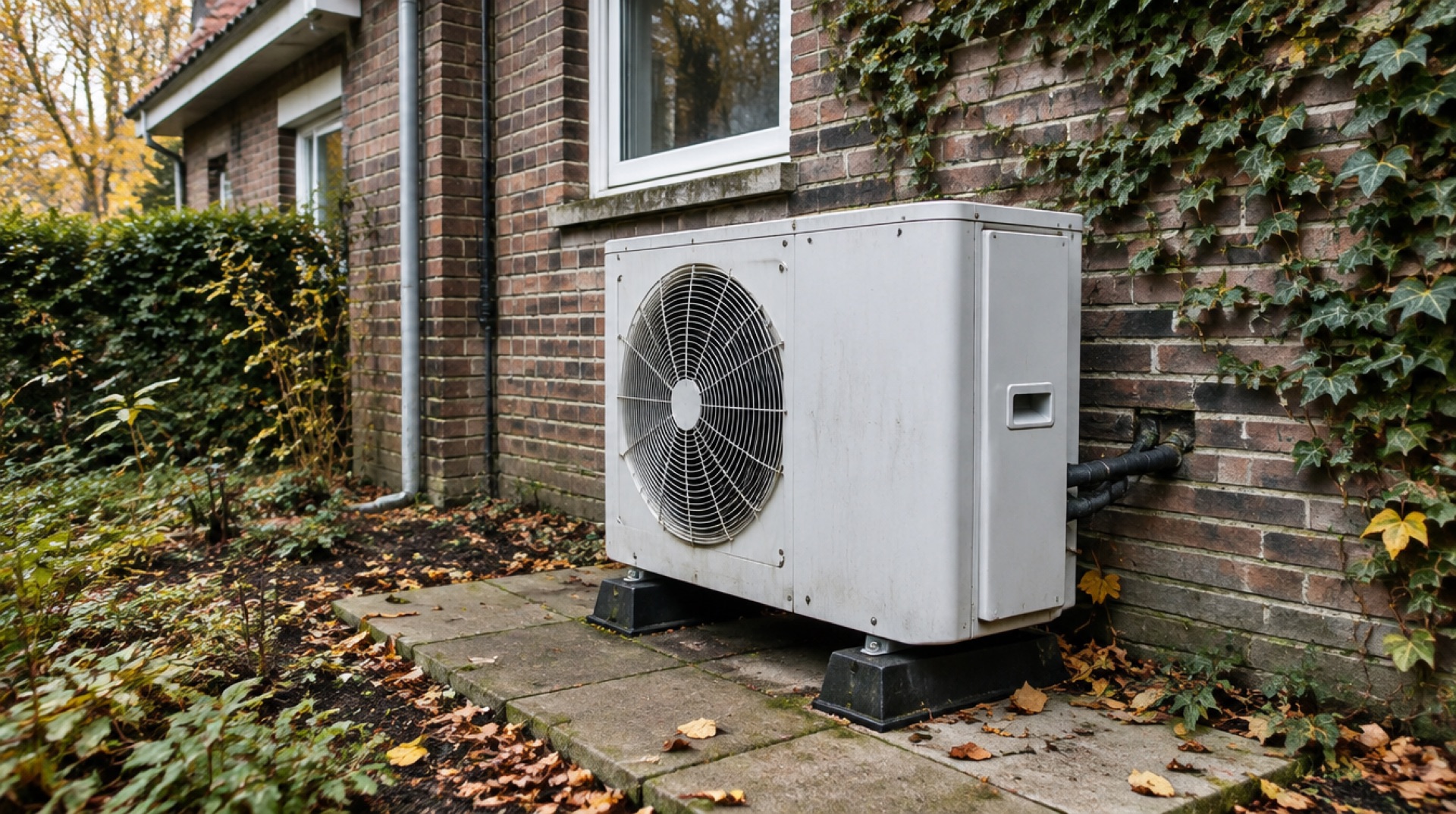 Warmtepomp op tegels naast een oud bakstenen huis met klimop en herfstbladeren