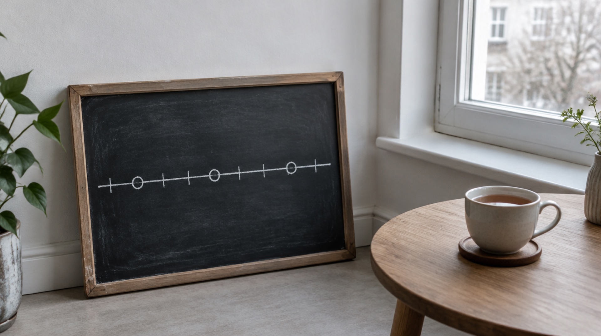 Krijtbord met een getekende tijdlijn van streepjes en bolletjes naast een kop thee op een klein rond houten tafeltje bij een raam met zacht daglicht
