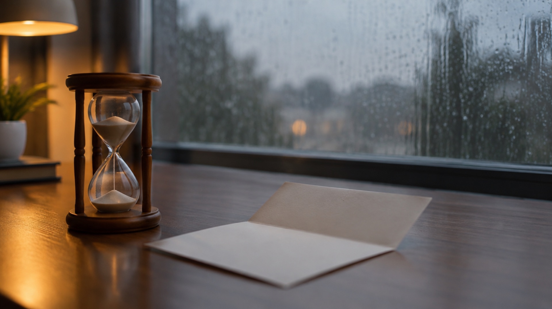 Een houten zandloper naast een opengevouwen brief op een bureau, met een regenachtig raam en een warme lamp erachter
