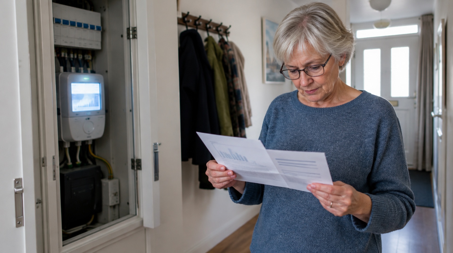 Vrouw leest in de gang een brief, met op de achtergrond een meterkast met een slimme meter