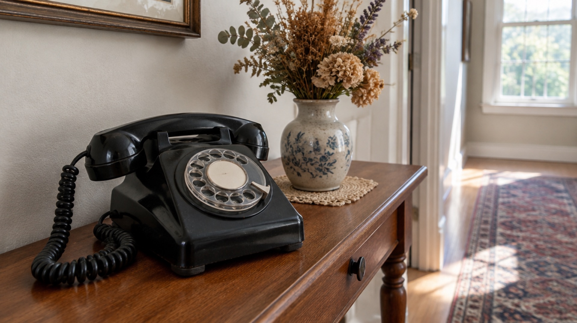 Zwarte vaste telefoon met draaischijf en spiraalsnoer op een hallafel naast een vaas droogbloemen