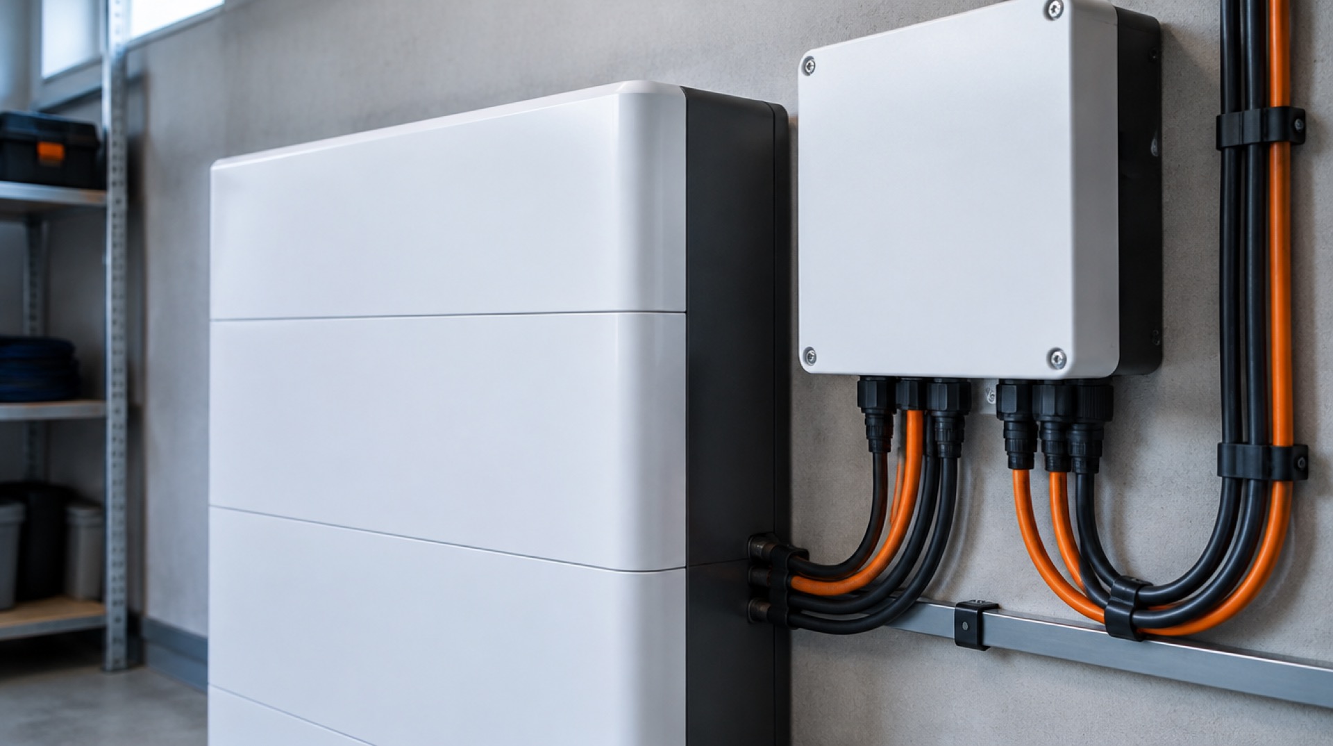 Close-up van batterij-unit, omvormer en gebundelde kabels aan de wand