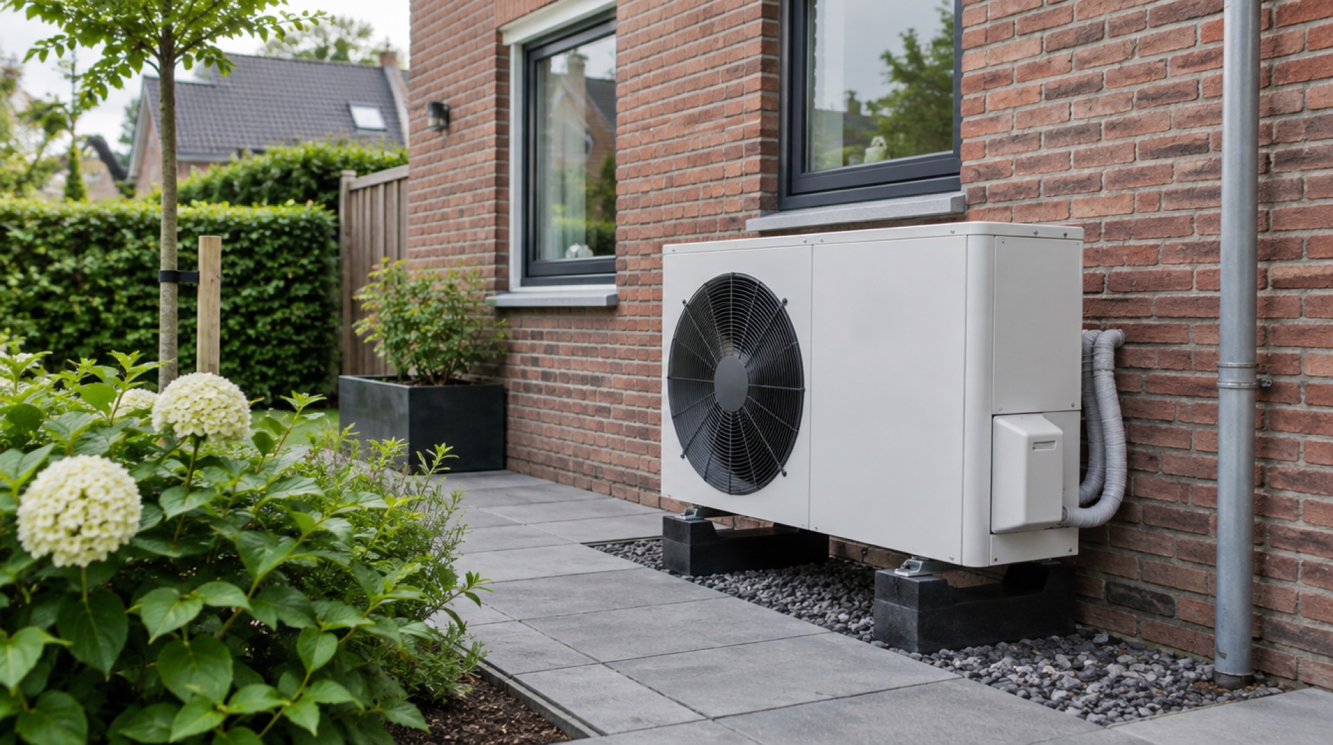 Buitenunit van een lucht-waterwarmtepomp tegen de gevel van een Nederlands huis